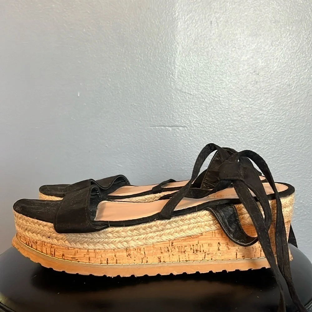 Mannika Flatform espadrille wedge, black straps for around the leg women’s 10.5